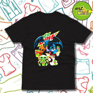 Baby Yoda Groot Stitch Toothless hugging Mtn Dew T Shirt