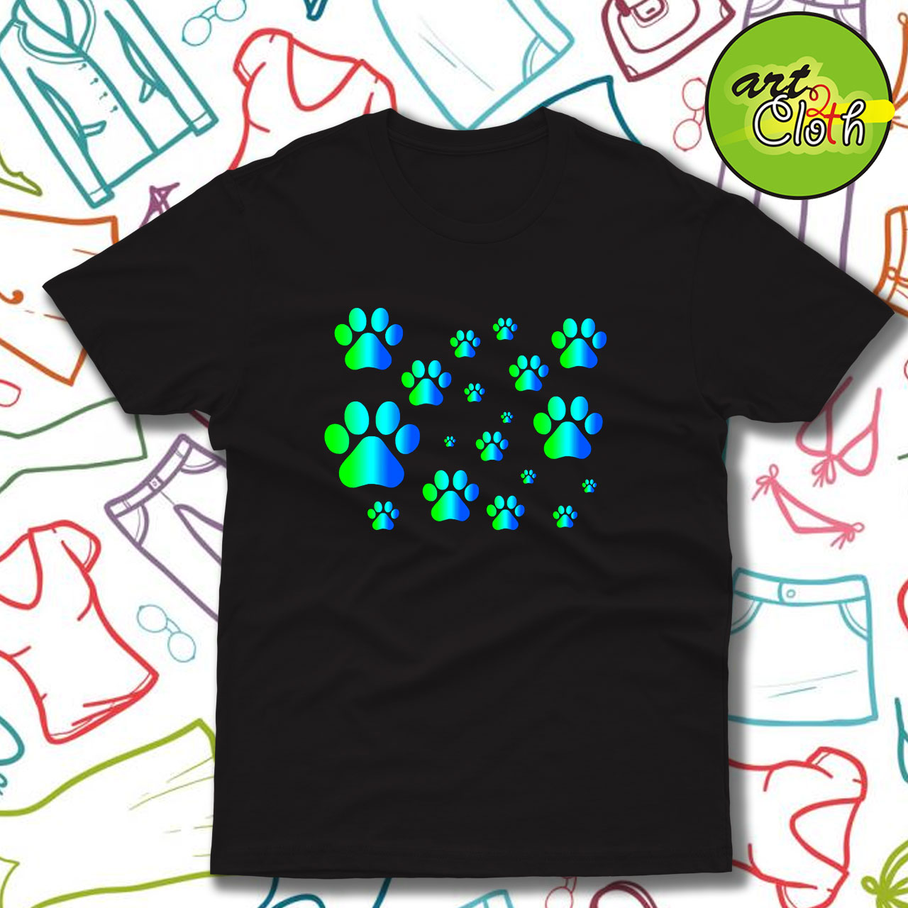 Blue Green Ombre Pawprint Pattern Funny T Shirt